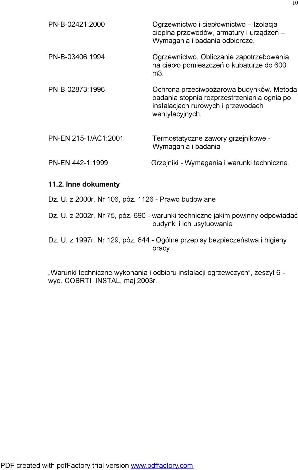 PN-EN 215-1/AC1:2001 Termostatyczne zawory grzejnikowe - Wymagania i badania PN-EN 442-1:1999 Grzejniki - Wymagania i warunki techniczne. 11.2. Inne dokumenty Dz. U. z 2000r. Nr 106, póz.