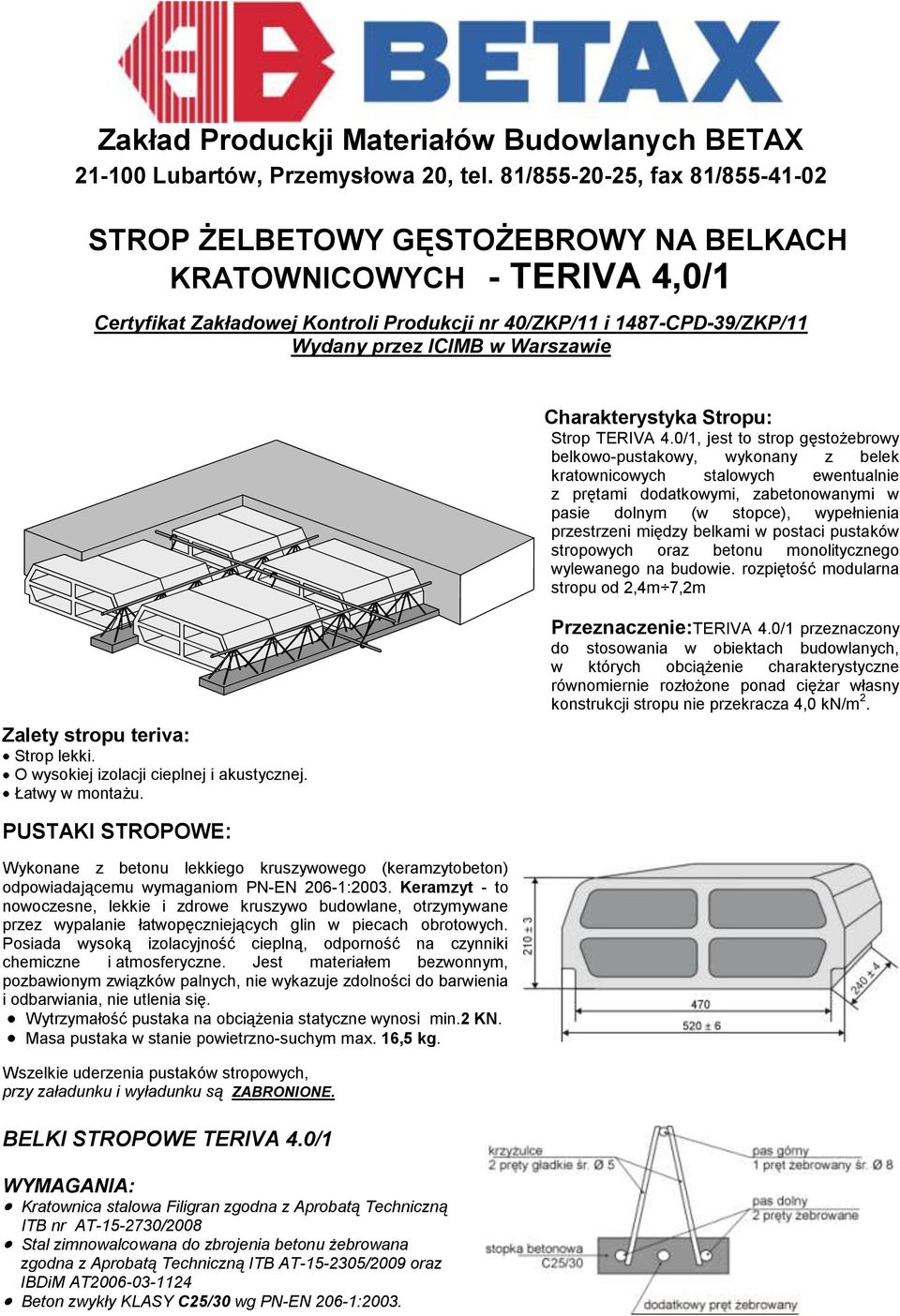 Warszawie Charakterystyka Stropu: Strop TERIVA 4.