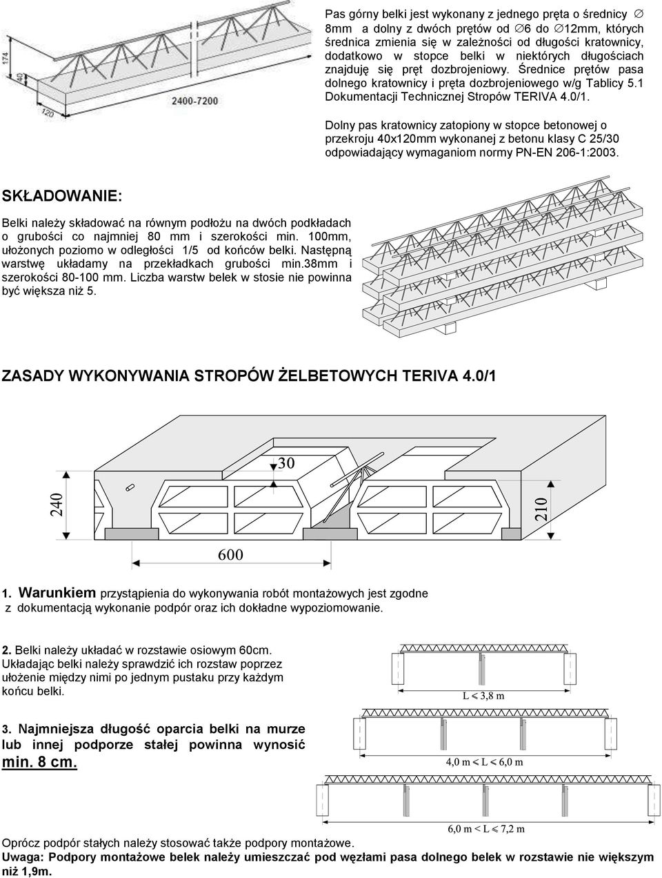 Dolny pas kratownicy zatopiony w stopce betonowej o przekroju 40x120mm wykonanej z betonu klasy C 25/30 odpowiadający wymaganiom normy PN-EN 206-1:2003.