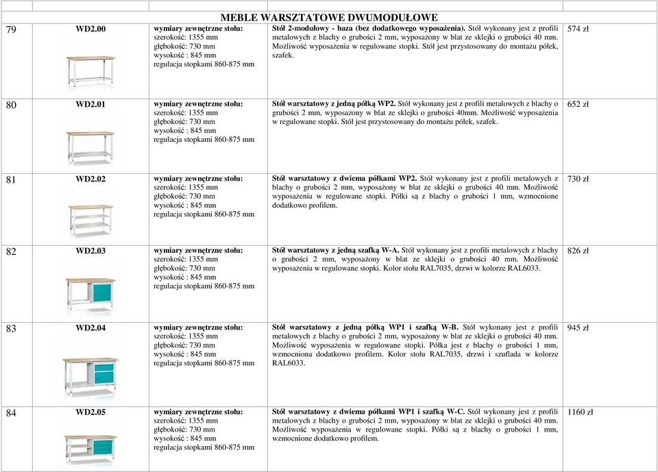 Stół jest przystosowany do montażu półek, szafek. 574 zł 80 WD2.01 wymiary zewnętrzne stołu: Stół warsztatowy z jedną półką WP2.