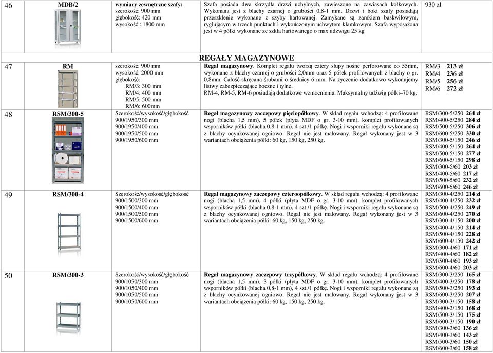 Szafa wyposażona jest w 4 półki wykonane ze szkła hartowanego o max udźwigu 25 kg 930 zł 47 RM wysokość: 2000 mm głębokość: RM/3: 300 mm RM/4: 400 mm RM/5: 500 mm RM/6: 600mm 48 RSM/300-5