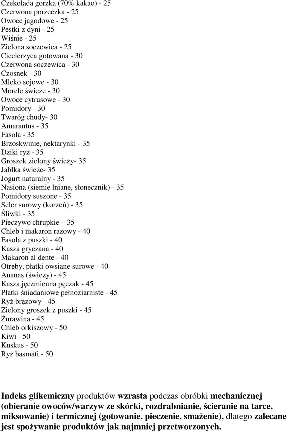 świeże- 35 Jogurt naturalny - 35 Nasiona (siemie lniane, słonecznik) - 35 Pomidory suszone - 35 Seler surowy (korzeń) - 35 Śliwki - 35 Pieczywo chrupkie 35 Chleb i makaron razowy - 40 Fasola z puszki