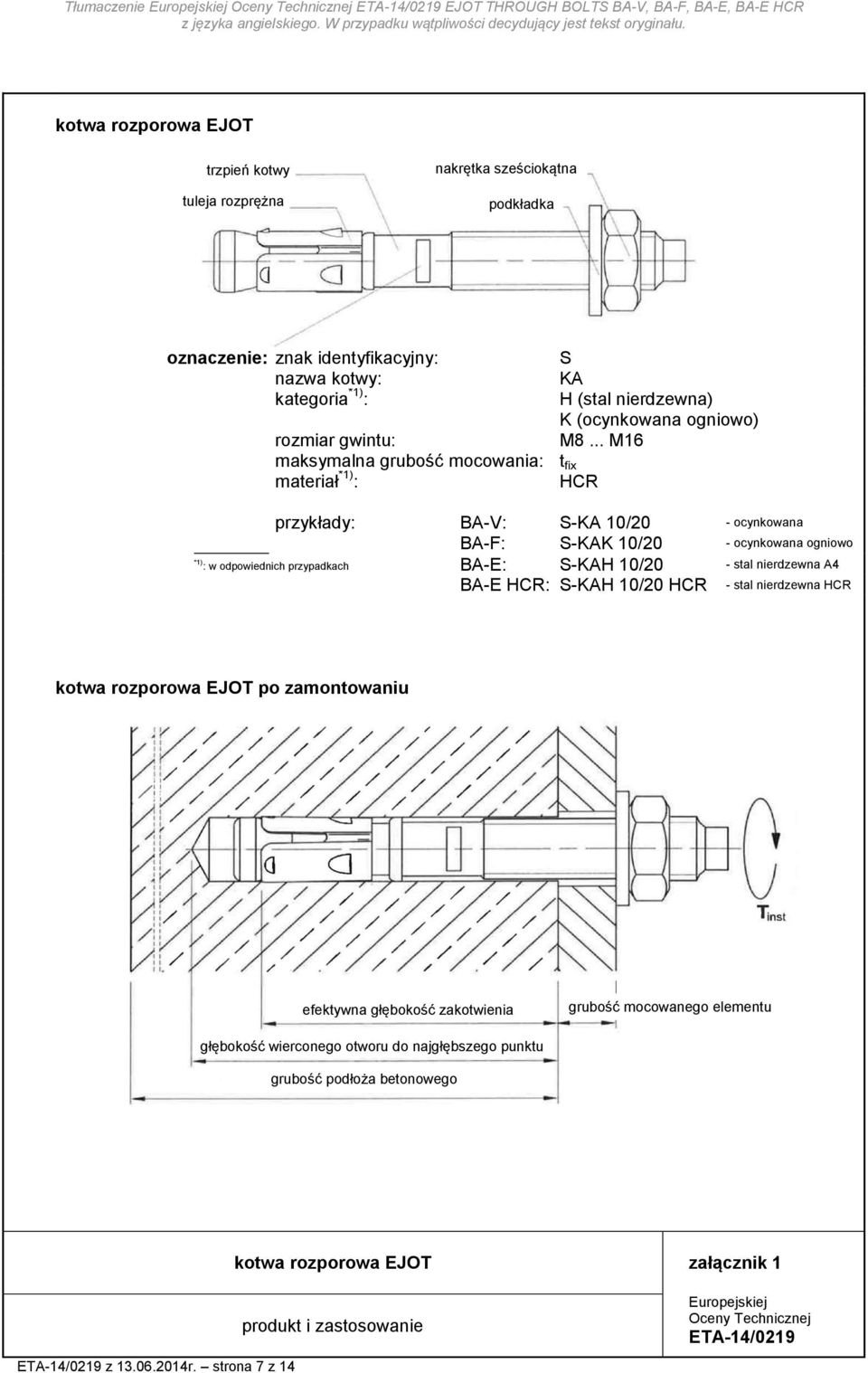 .. M16 przykłady: BA-V: S-KA 10/20 - ocynkowana BA-F: S-KAK 10/20 - ocynkowana ogniowo * : w odpowiednich przypadkach BA-E: S-KAH 10/20 - stal nierdzewna A4 BA-E HCR: S-KAH