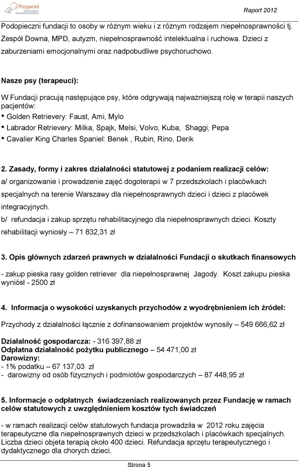 Nasze psy (terapeuci): W Fundacji pracują następujące psy, które odgrywają najważniejszą rolę w terapii naszych pacjentów: Golden Retrievery: Faust, Ami, Mylo Labrador Retrievery: Milka, Spajk,