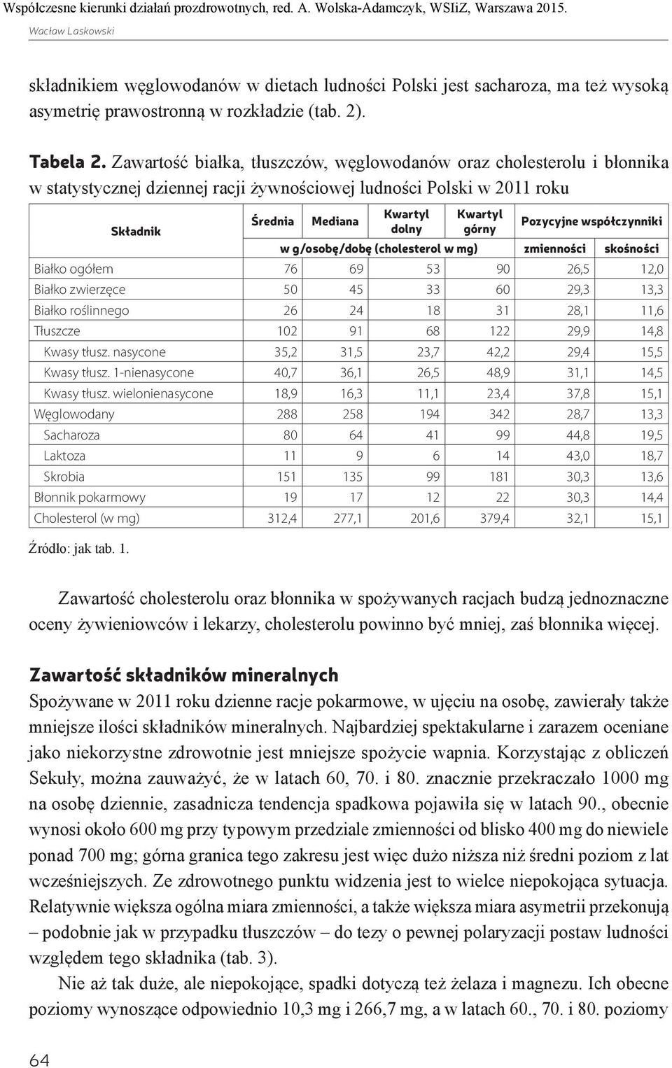 Pozycyjne współczynniki w g/osobę/dobę (cholesterol w mg) zmienności skośności Białko ogółem 76 69 53 90 26,5 12,0 Białko zwierzęce 50 45 33 60 29,3 13,3 Białko roślinnego 26 24 18 31 28,1 11,6