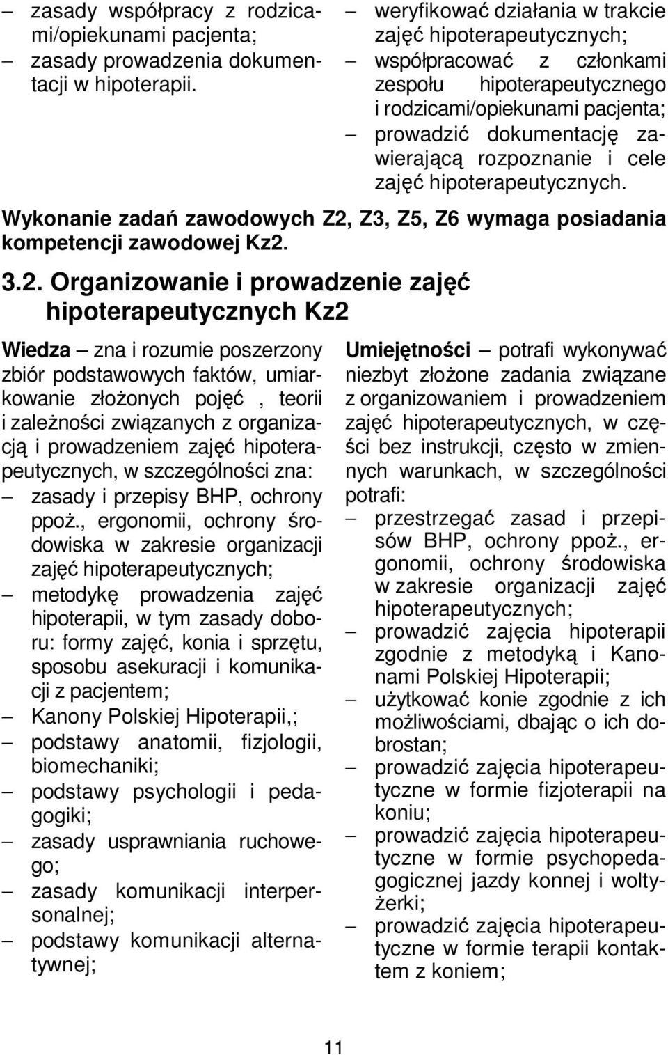 zajęć hipoterapeutycznych. Wykonanie zadań zawodowych Z2,