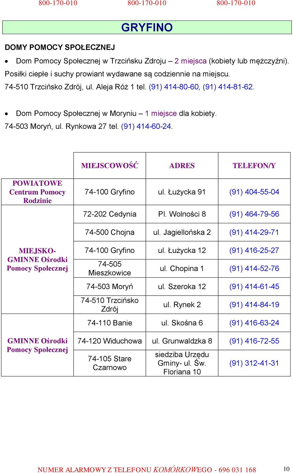 Wolności 8 (91) 464-79-56 74-500 Chojna ul. Jagiellońska 2 (91) 414-29-71 74-100 Gryfino ul. Łużycka 12 (91) 416-25-27 74-505 Mieszkowice ul. Chopina 1 (91) 414-52-76 74-503 Moryń ul.