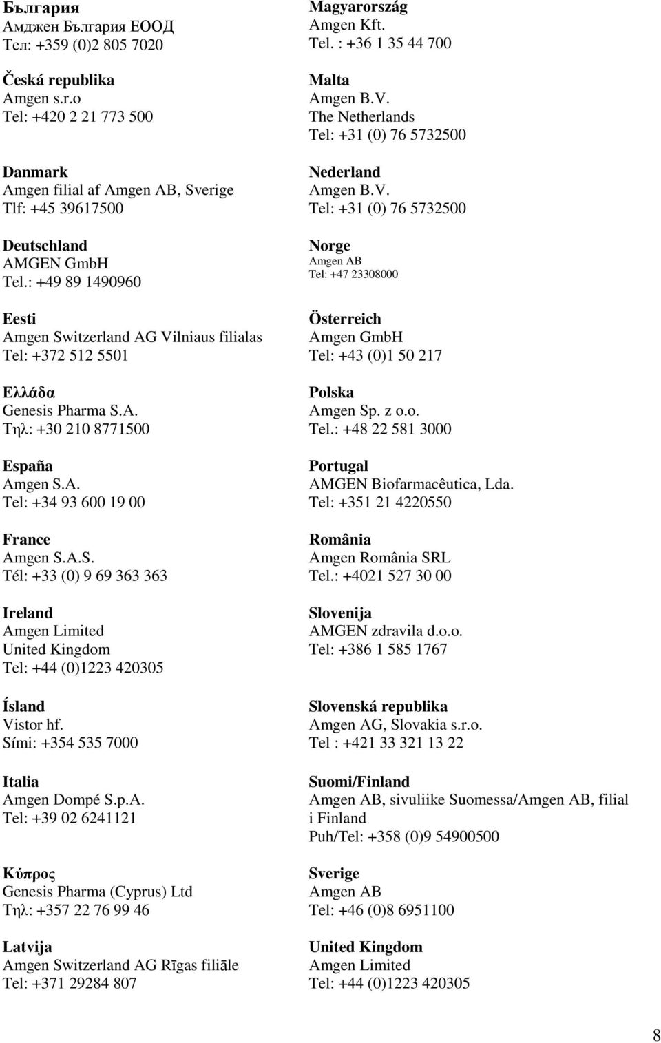 Sími: +354 535 7000 Italia Amgen Dompé S.p.A. Tel: +39 02 6241121 Kύπρος Genesis Pharma (Cyprus) Ltd Τηλ: +357 22 76 99 46 Latvija Amgen Switzerland AG Rīgas filiāle Tel: +371 29284 807 Magyarország Amgen Kft.