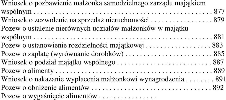 ................. 883 Pozew o zapłatę (wyrównanie dorobków)........................ 885 Wniosek o podział majątku wspólnego.......................... 887 Pozew o alimenty.