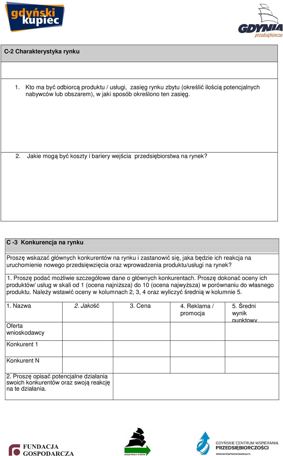 C -3 Konkurencja na rynku Proszę wskazać głównych konkurentów na rynku i zastanowić się, jaka będzie ich reakcja na uruchomienie nowego przedsięwzięcia oraz w produktu/usługi na rynek? 1.