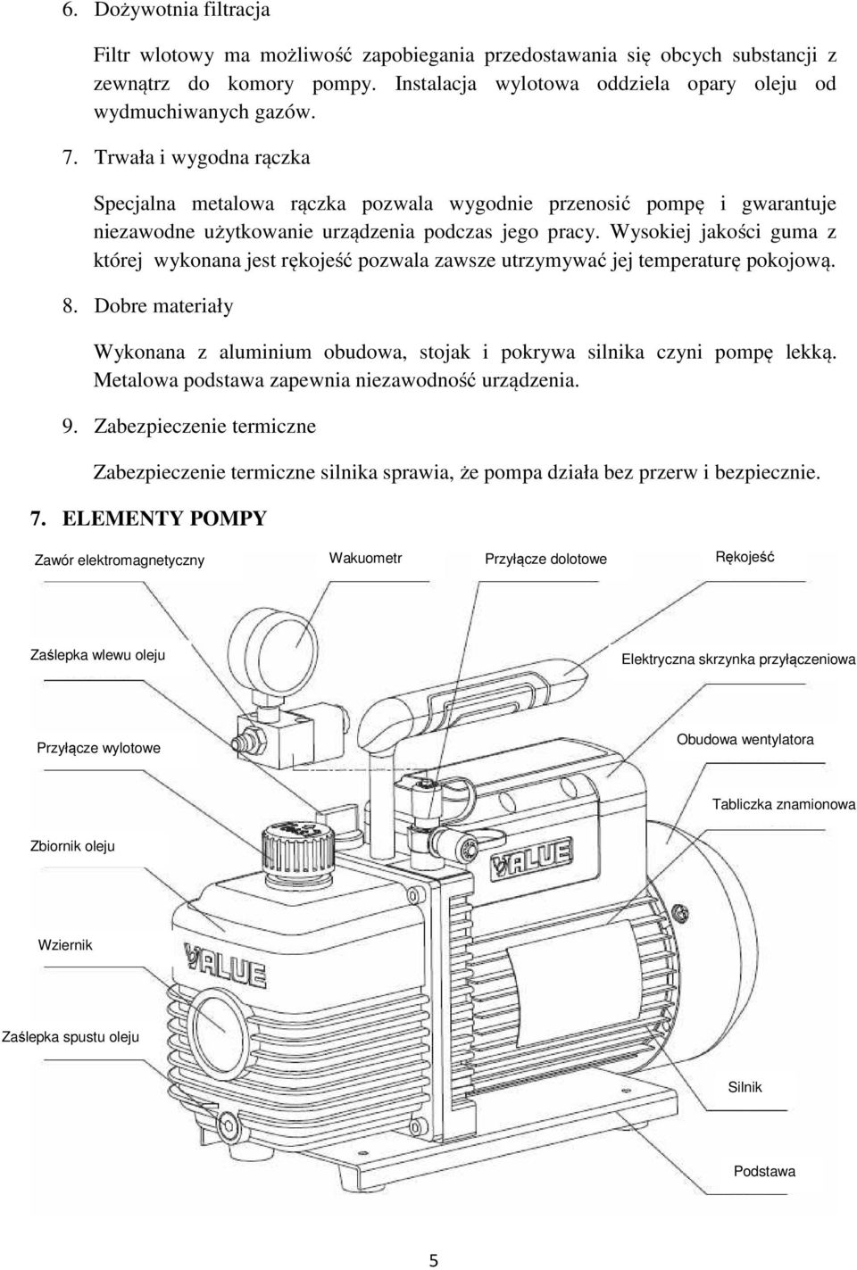 Wysokiej jakości guma z której wykonana jest rękojeść pozwala zawsze utrzymywać jej temperaturę pokojową. 8. Dobre materiały Wykonana z aluminium obudowa, stojak i pokrywa silnika czyni pompę lekką.