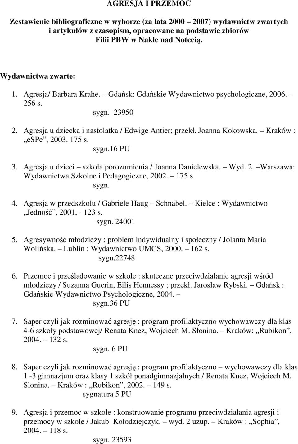 Kraków : espe, 2003. 175 s. sygn.16 PU 3. Agresja u dzieci szkoła porozumienia / Joanna Danielewska. Wyd. 2. Warszawa: Wydawnictwa Szkolne i Pedagogiczne, 2002. 175 s. sygn. 4.
