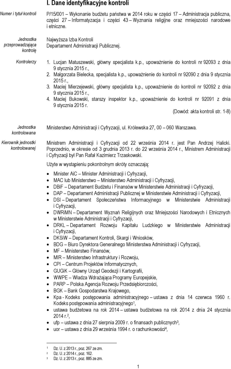 , 2. Małgorzata Bielecka, specjalista k.p., upoważnienie do kontroli nr 92090 z dnia 9 stycznia 2015 r., 3. Maciej Mierzejewski, główny specjalista k.p., upoważnienie do kontroli nr 92092 z dnia 9 stycznia 2015 r.