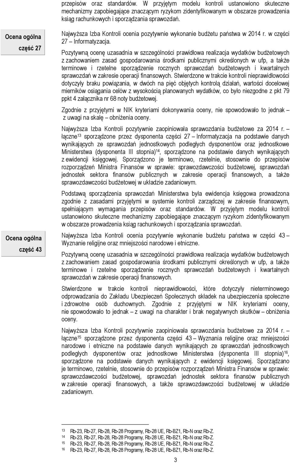 Ocena ogólna część 27 Ocena ogólna część 43 Najwyższa Izba Kontroli ocenia pozytywnie wykonanie budżetu państwa w 2014 r. w części 27 Informatyzacja.
