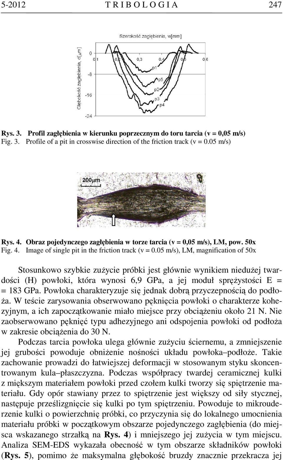 05 m/s), LM, magnification of 50x Stosunkowo szybkie zużycie próbki jest głównie wynikiem niedużej twardości (H) powłoki, która wynosi 6,9 GPa, a jej moduł sprężystości E = = 183 GPa.