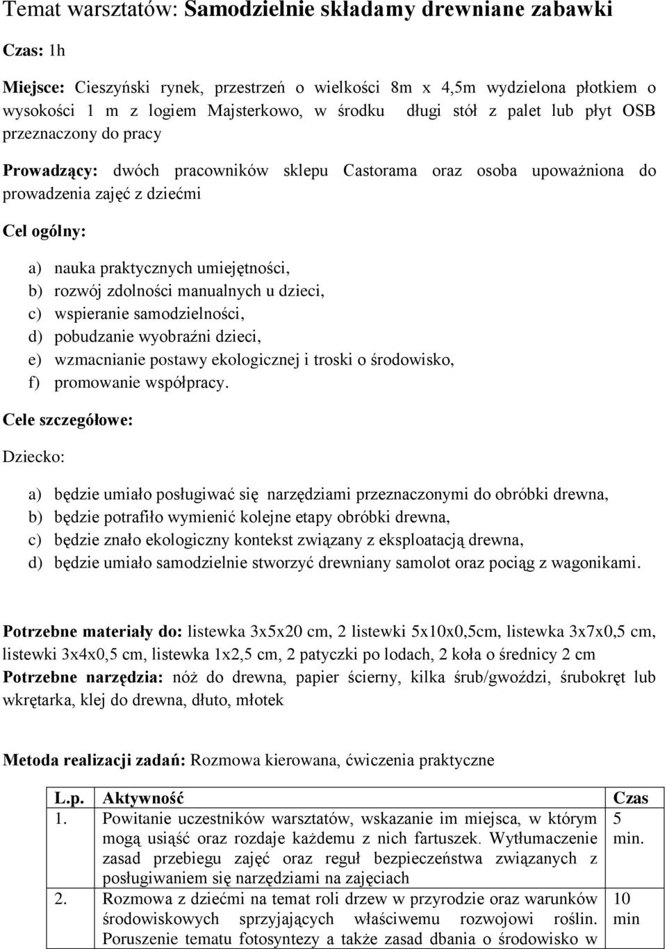 rozwój zdolności manualnych u dzieci, c) wspieranie samodzielności, d) pobudzanie wyobraźni dzieci, e) wzmacnianie postawy ekologicznej i troski o środowisko, f) promowanie współpracy.