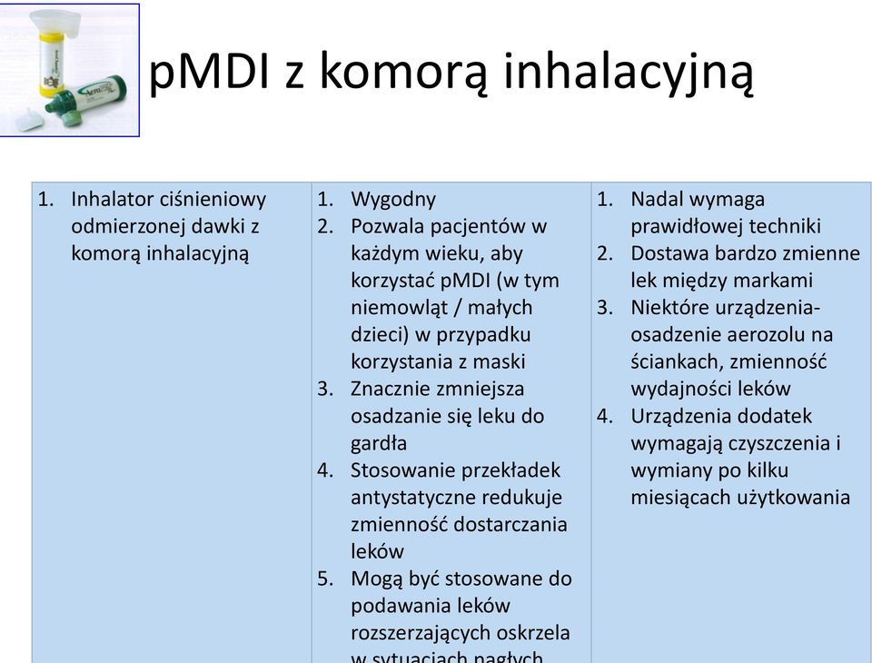 Znacznie zmniejsza osadzanie się leku do gardła 4. Stosowanie przekładek antystatyczne redukuje zmienność dostarczania leków 5.