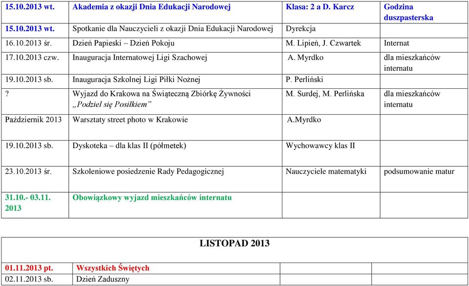 Inauguracja Szkolnej Ligi Piłki Nożnej P. Perliński? Wyjazd do Krakowa na Świąteczną Zbiórkę Żywności Podziel się Posiłkiem Październik 2013 Warsztaty street photo w Krakowie A. A.Myrdko M. Surdej, M.