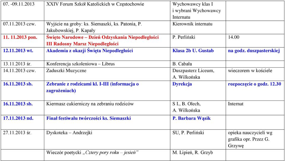Akademia z okazji Święta Niepodległości Klasa 2b U. Gustab na godz. duszpasterskiej 13.11.2013 śr. Konferencja szkoleniowa Librus B. B. Cabała 14.11.2013 czw.