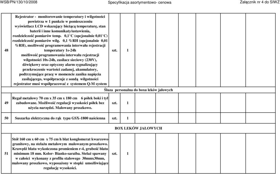 0,1 %RH (opcjonalnie 0,01 %RH), możliwość programowania interwału rejestracji temperatury 1s-24h możliwość programowania interwału rejestracji wilgotności 10s-24h, zasilacz sieciowy (230V), dźwiękowy