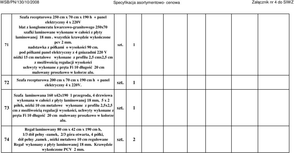 pod pólkami panel elektryczny z 4 gniazadmi 220 V nóżki 15 cm metalowe wykonane z profilu 2,5 cmx2,5 cm z możliwością regulacji wysokości uchwyty wykonane z pręta Fi 10 długość 20 cm malowany