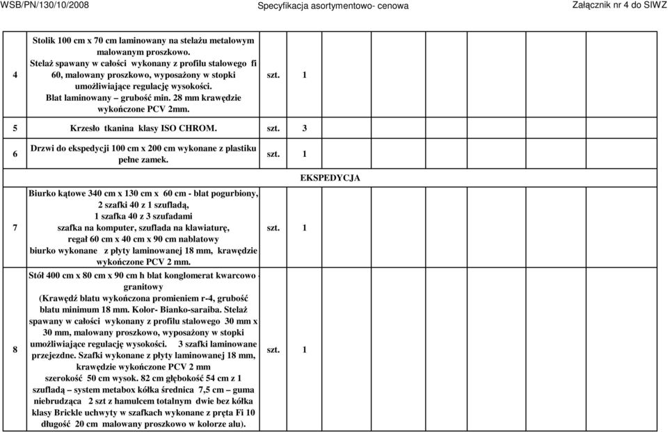 5 Krzesło tkanina klasy ISO CHROM. szt. 3 6 7 8 Drzwi do ekspedycji 100 cm x 200 cm wykonane z plastiku pełne zamek.