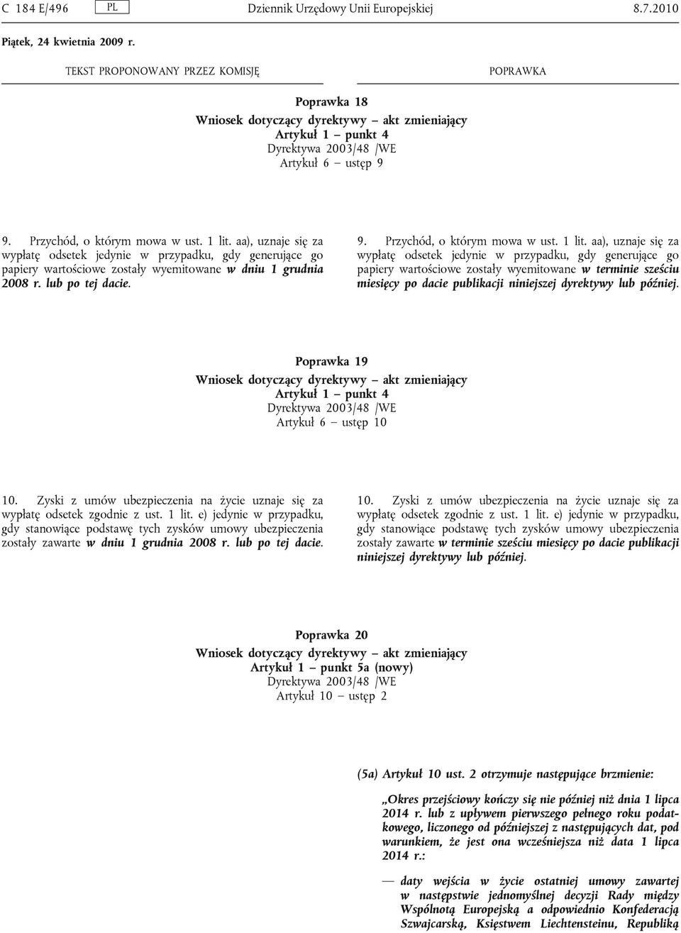 aa), uznaje się za wypłatę odsetek jedynie w przypadku, gdy generujące go papiery wartościowe zostały wyemitowane w terminie sześciu miesięcy po dacie publikacji niniejszej dyrektywy lub później.