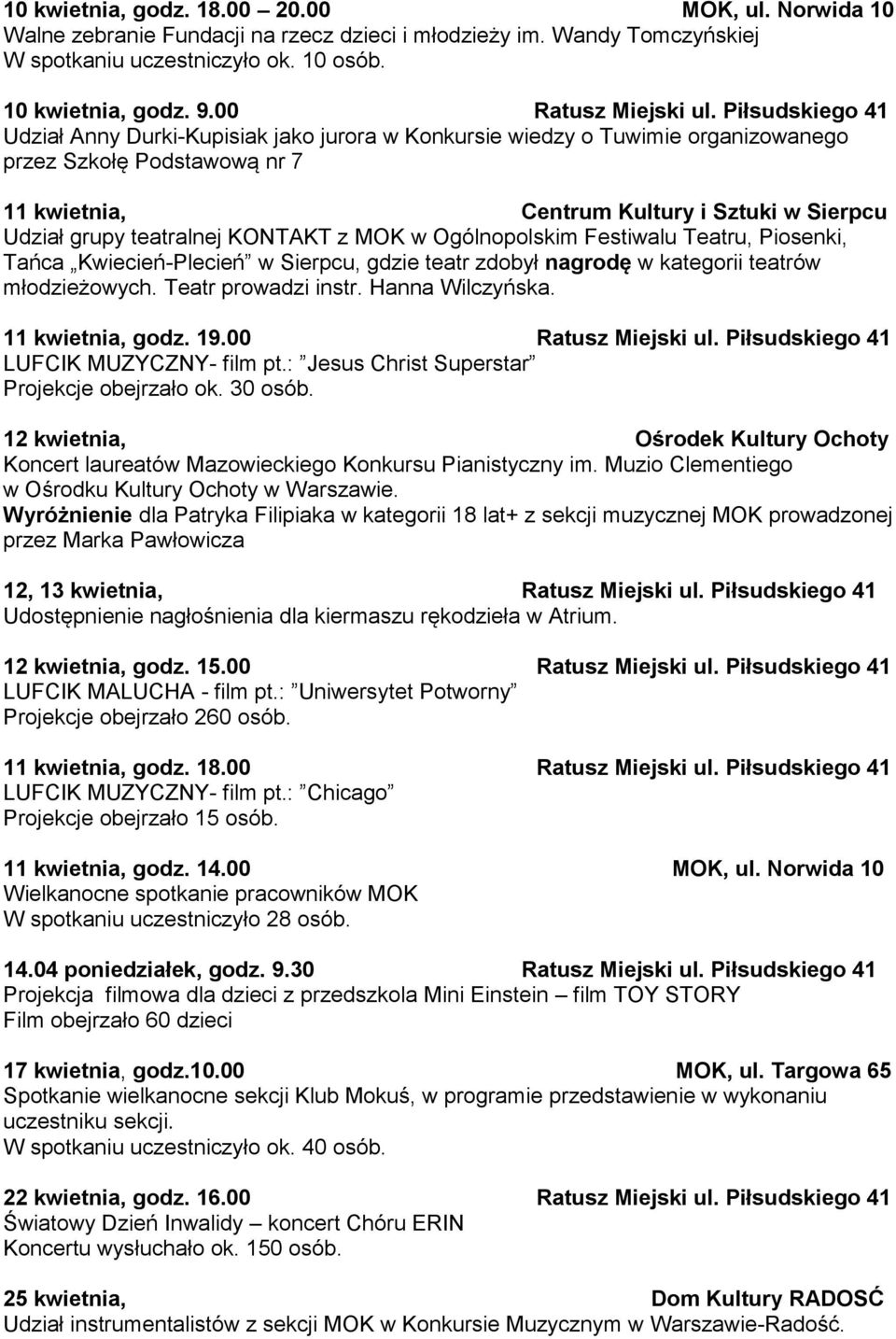 Piłsudskiego 41 Udział Anny Durki-Kupisiak jako jurora w Konkursie wiedzy o Tuwimie organizowanego przez Szkołę Podstawową nr 7 11 kwietnia, Centrum Kultury i Sztuki w Sierpcu Udział grupy teatralnej