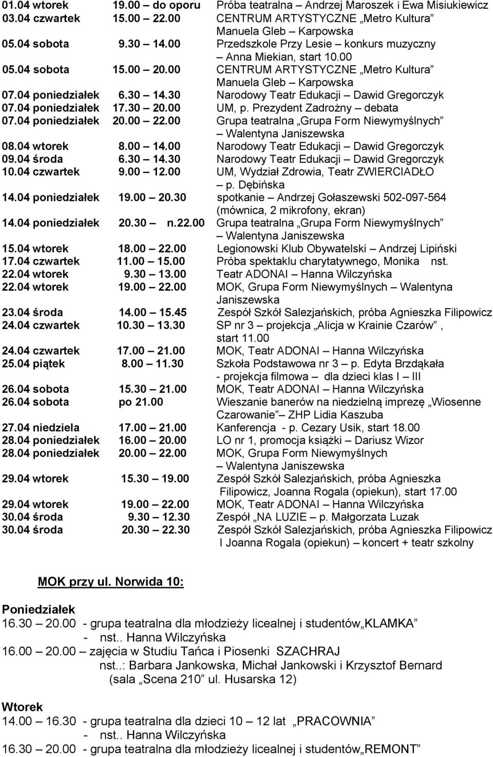 30 Narodowy Teatr Edukacji Dawid Gregorczyk 07.04 poniedziałek 17.30 20.00 UM, p. Prezydent Zadrożny debata 07.04 poniedziałek 20.00 22.