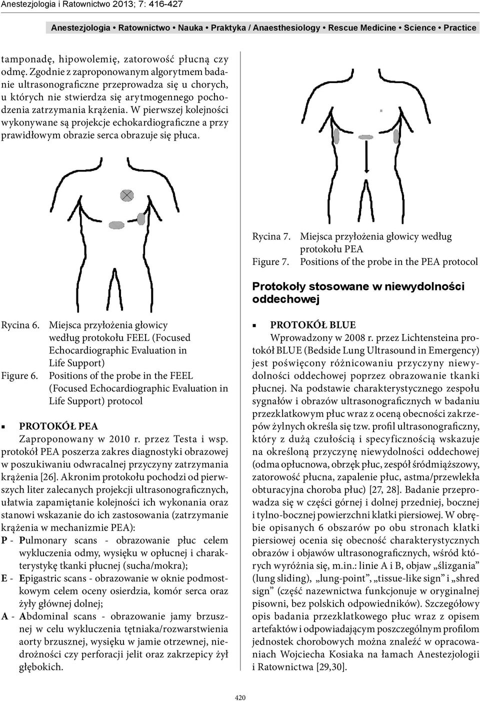 W pierwszej kolejności wykonywane są projekcje echokardiograficzne a przy prawidłowym obrazie serca obrazuje się płuca. Rycina 7. Miejsca przyłożenia głowicy według protokołu PEA Figure 7.