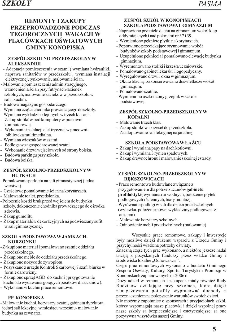 - Malowanie pomieszczenia administracyjnego, wzmocnienia œcian przy futrynach ³azienek szkolnych, malowanie zacieków w przedszkolu w sali i kuchni. - Budowa magazynu gospodarczego.