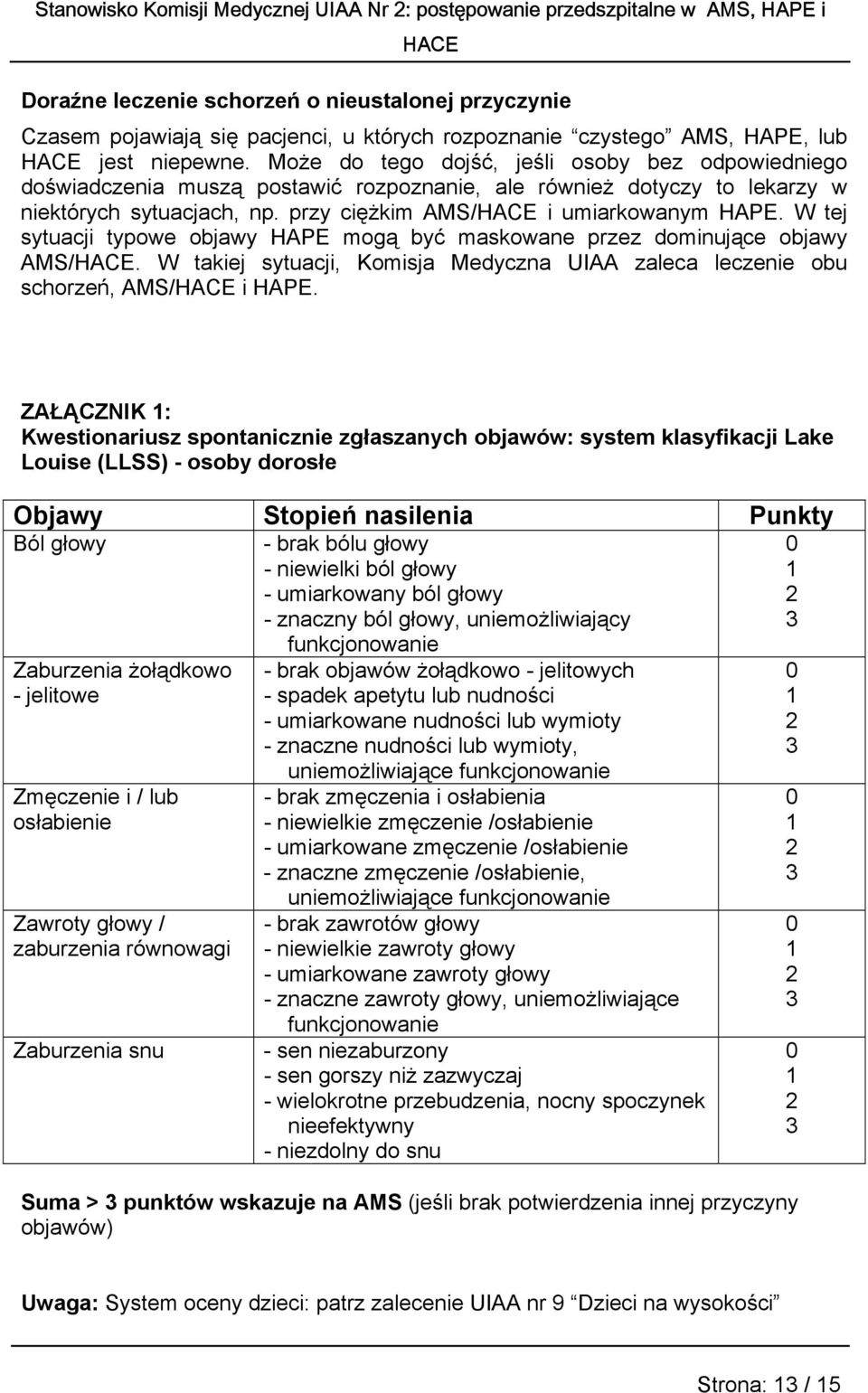 W tej sytuacji typowe objawy HAPE mogą być maskowane przez dominujące objawy AMS/. W takiej sytuacji, Komisja Medyczna UIAA zaleca leczenie obu schorzeń, AMS/ i HAPE.