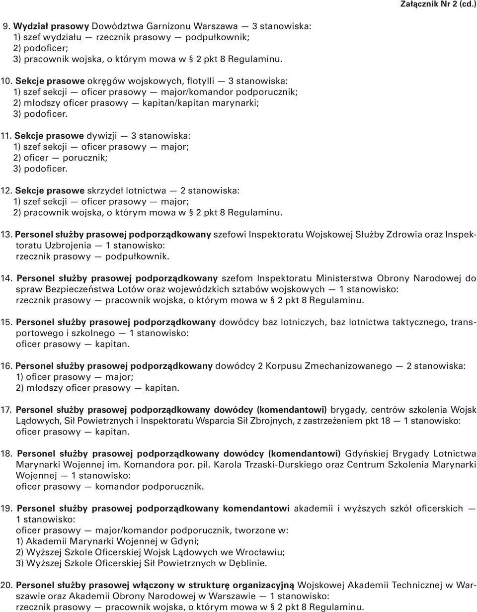 Sekcje prasowe okręgów wojskowych, flotylli 3 stanowiska: 1) szef sekcji oficer prasowy major/komandor podporucznik; 2) młodszy oficer prasowy kapitan/kapitan marynarki; 3) podoficer. 11.