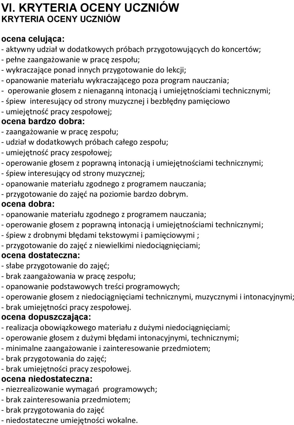 muzycznej i bezbłędny pamięciowo - umiejętność pracy zespołowej; ocena bardzo dobra: - zaangażowanie w pracę zespołu; - udział w dodatkowych próbach całego zespołu; - umiejętność pracy zespołowej; -