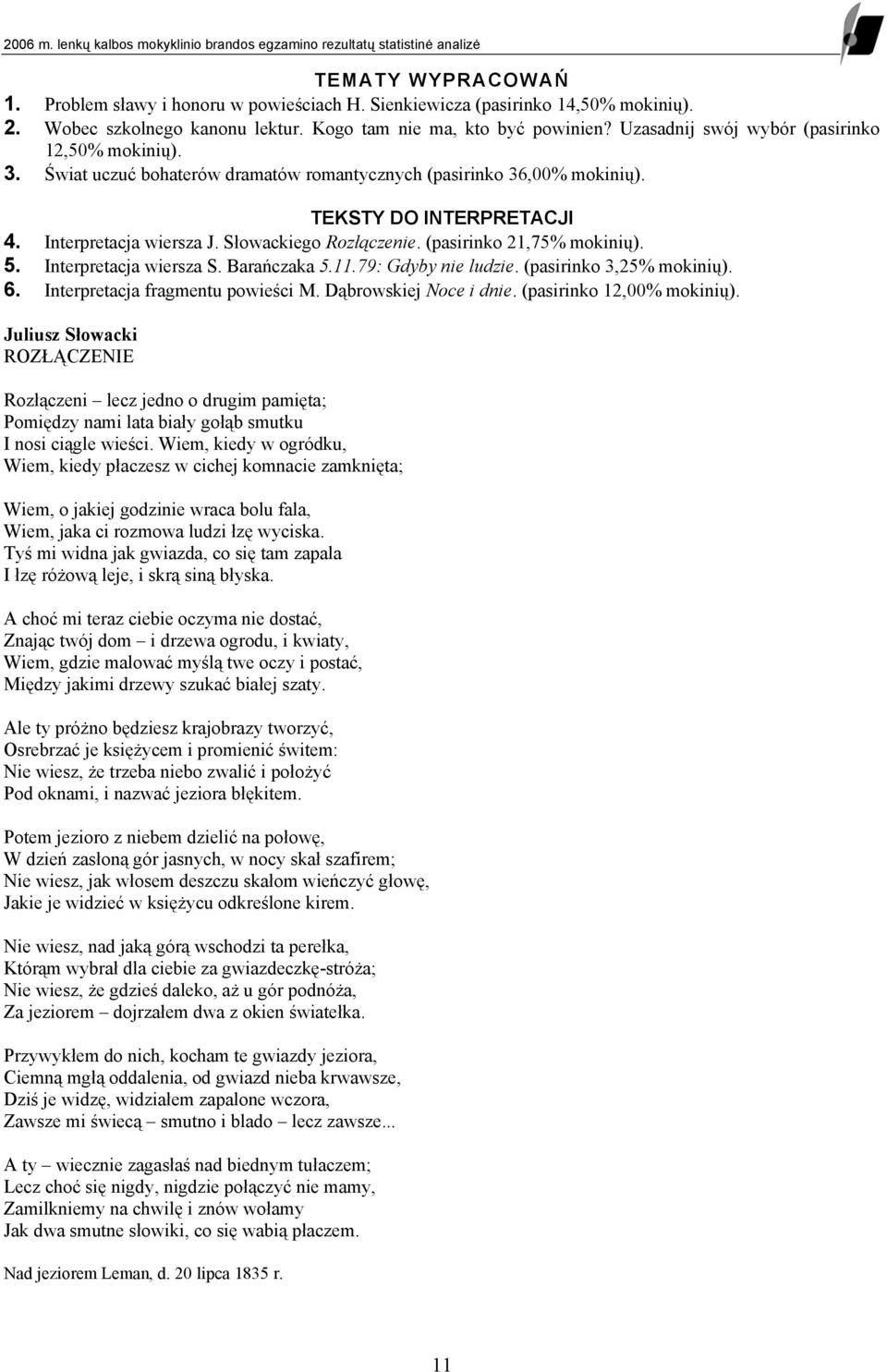 TEKSTY DO INTERPRETACJI 4. Interpretacja wiersza J. Słowackiego Rozłączenie. (pasirinko 21,75% mokinių). 5. Interpretacja wiersza S. Barańczaka 5.11.79: Gdyby nie ludzie. (pasirinko 3,25% mokinių). 6.