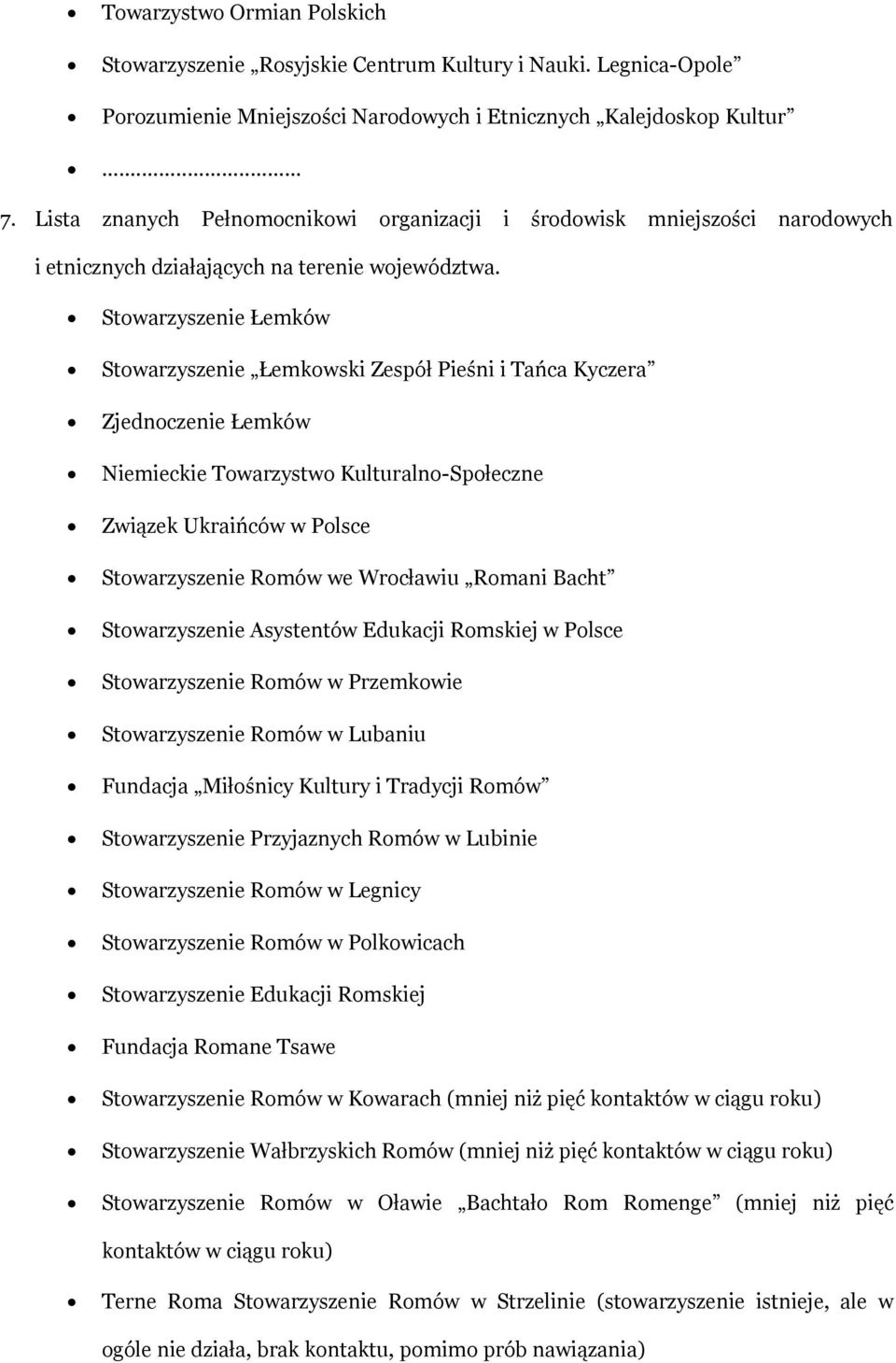 Stowarzyszenie Łemków Stowarzyszenie Łemkowski Zespół Pieśni i Tańca Kyczera Zjednoczenie Łemków Niemieckie Towarzystwo Kulturalno-Społeczne Związek Ukraińców w Polsce Stowarzyszenie Romów we