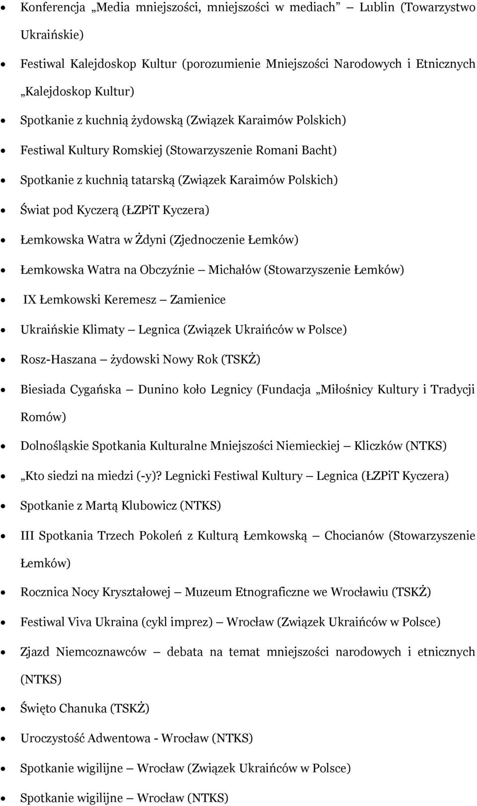 Łemkowska Watra w Żdyni (Zjednoczenie Łemków) Łemkowska Watra na Obczyźnie Michałów (Stowarzyszenie Łemków) IX Łemkowski Keremesz Zamienice Ukraińskie Klimaty Legnica (Związek Ukraińców w Polsce)