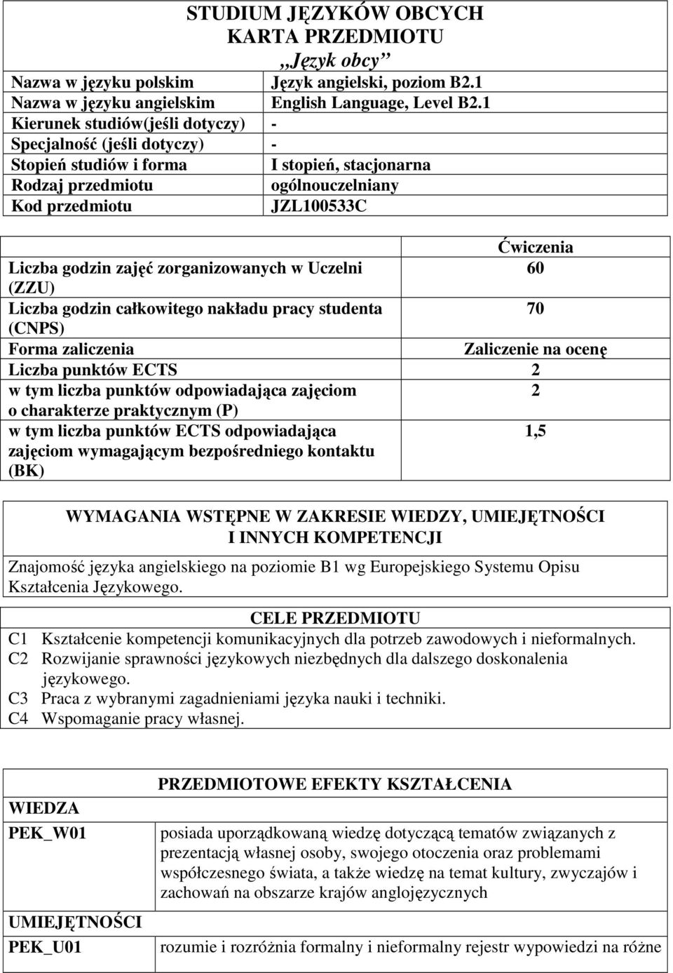 zajęć zorganizowanych w Uczelni 60 (ZZU) Liczba godzin całkowitego nakładu pracy studenta 70 (CNPS) Forma zaliczenia Zaliczenie na ocenę Liczba punktów ECTS 2 w tym liczba punktów odpowiadająca