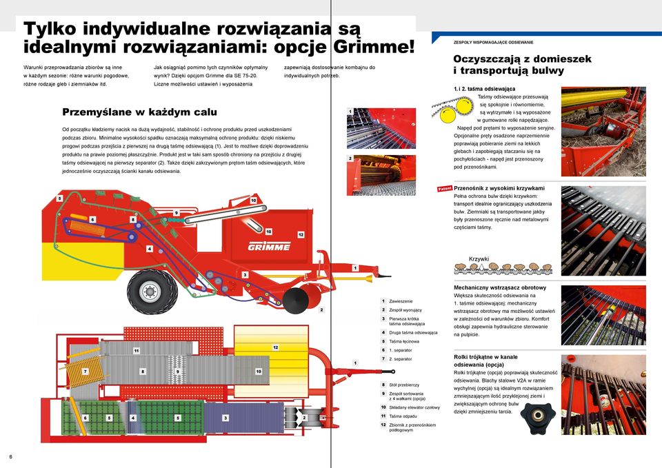 Liczne możliwości ustawień i wyposażenia Od początku kładziemy nacisk na dużą wydajność, stabilność i ochronę produktu przed uszkodzeniami podczas zbioru.