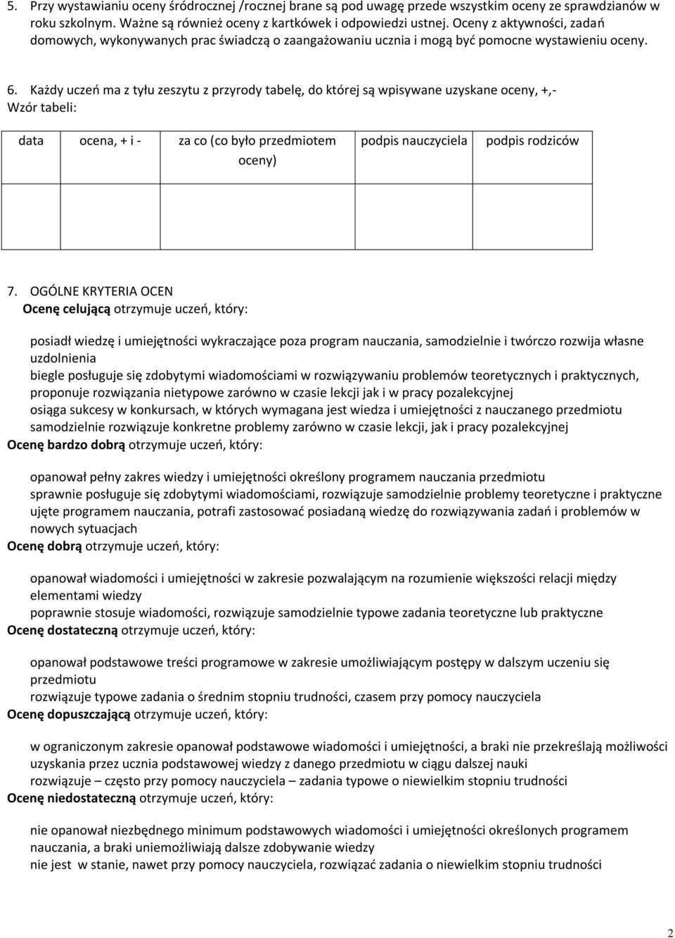 Każdy uczeń ma z tyłu zeszytu z przyrody tabelę, do której są wpisywane uzyskane oceny, +,- Wzór tabeli: data ocena, + i - za co (co było przedmiotem oceny) podpis nauczyciela podpis rodziców 7.