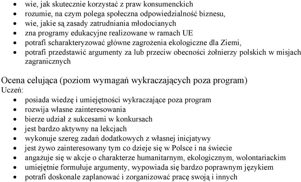 wymagań wykraczających poza program) posiada wiedzę i umiejętności wykraczające poza program rozwija własne zainteresowania bierze udział z sukcesami w konkursach jest bardzo aktywny na lekcjach