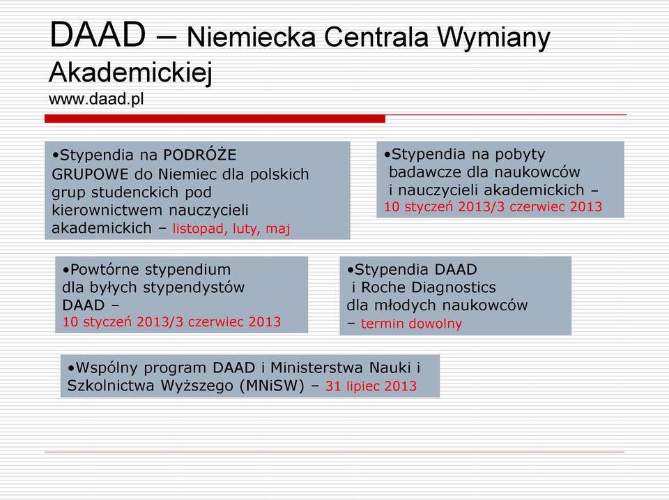 maj Stypendia na pobyty badawcze dla naukowców i nauczycieli akademickich 10 styczeń 2013/3 czerwiec 2013 Powtórne stypendium dla