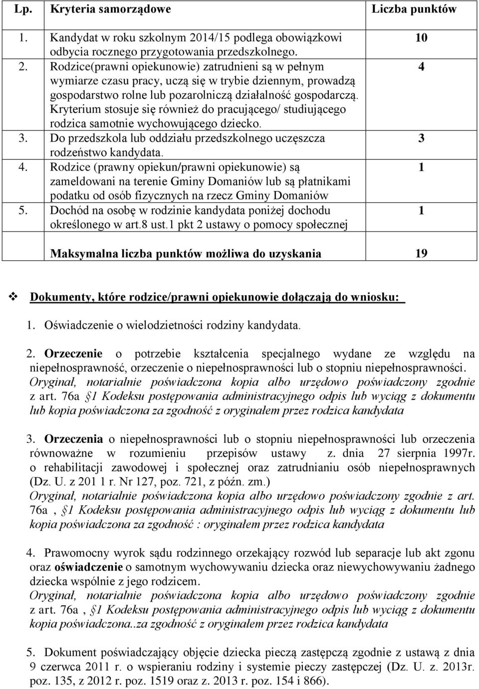 Rodzice(prawni opiekunowie) zatrudnieni są w pełnym wymiarze czasu pracy, uczą się w trybie dziennym, prowadzą gospodarstwo rolne lub pozarolniczą działalność gospodarczą.