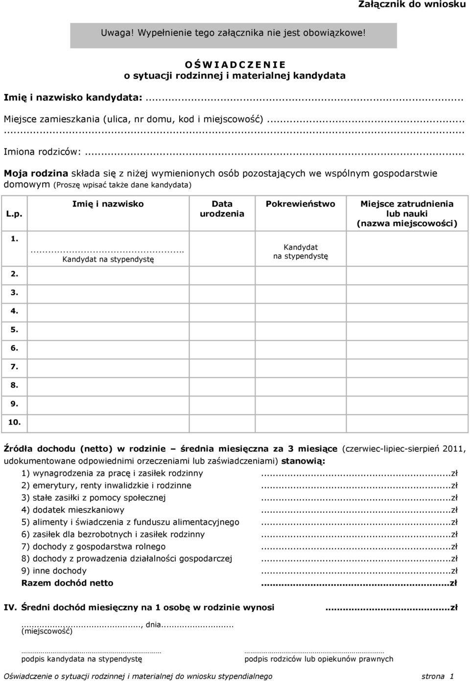 .. Moja rodzina składa się z niżej wymienionych osób pozostających we wspólnym gospodarstwie domowym (Proszę wpisać także dane kandydata) L.p. Imię i nazwisko Data urodzenia Pokrewieństwo Miejsce zatrudnienia lub nauki (nazwa miejscowości) 1.