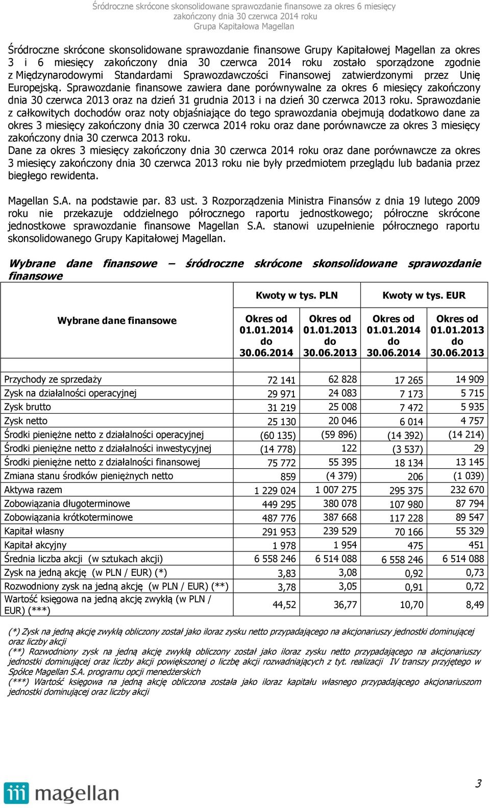Sprawozdanie z całkowitych dochodów oraz noty objaśniające do tego sprawozdania obejmują dodatkowo dane za okres 3 oraz dane porównawcze za okres 3 dnia 30 czerwca 2013 roku.
