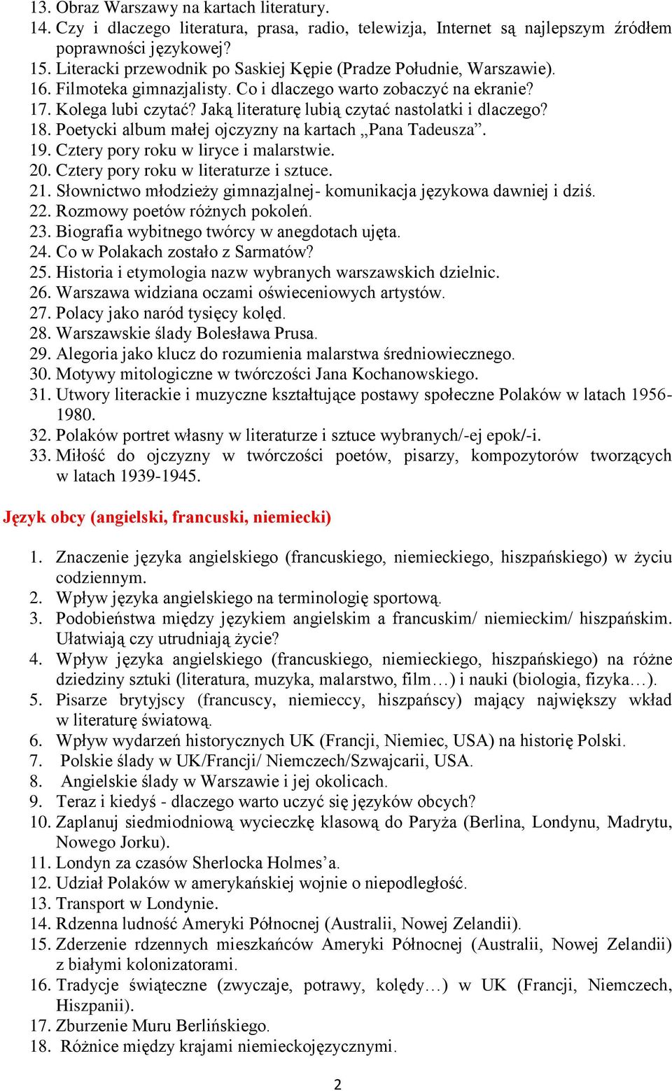 Jaką literaturę lubią czytać nastolatki i dlaczego? 18. Poetycki album małej ojczyzny na kartach Pana Tadeusza. 19. Cztery pory roku w liryce i malarstwie. 20. Cztery pory roku w literaturze i sztuce.