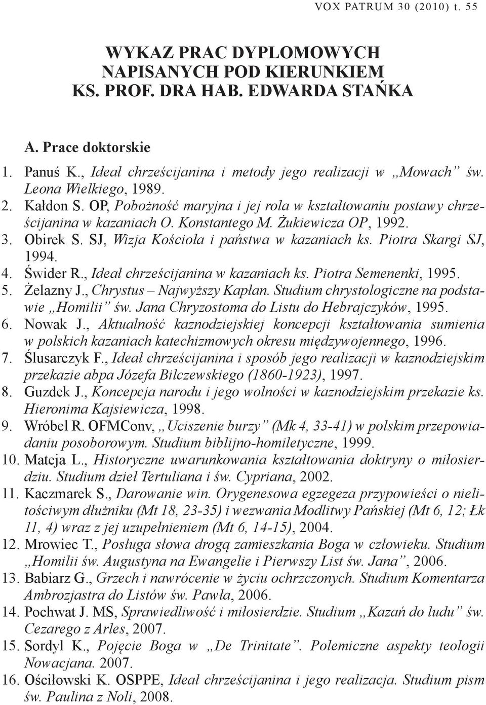 Żukiewicza OP, 1992. 3. Obirek S. SJ, Wizja Kościoła i państwa w kazaniach ks. Piotra Skargi SJ, 1994. 4. Świder R., Ideał chrześcijanina w kazaniach ks. Piotra Semenenki, 1995. 5. Żelazny J.