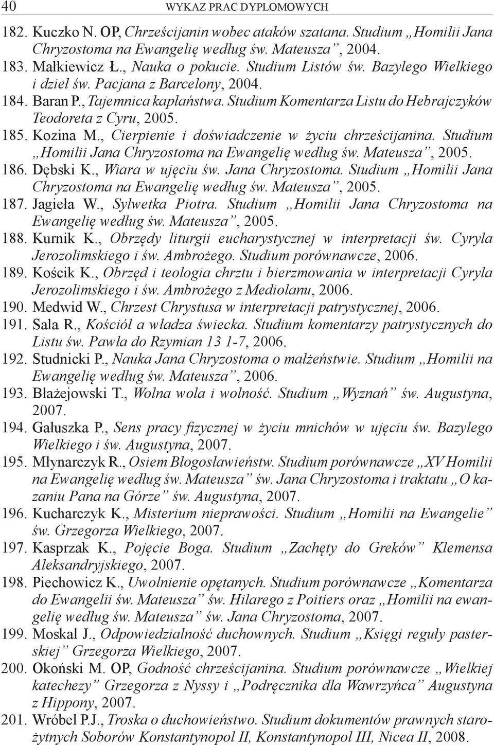 , Cierpienie i doświadczenie w życiu chrześcijanina. Studium Homilii Jana Chryzostoma na Ewangelię według św. Mateusza, 2005. 186. Dębski K., Wiara w ujęciu św. Jana Chryzostoma. Studium Homilii Jana Chryzostoma na Ewangelię według św. Mateusza, 2005. 187.