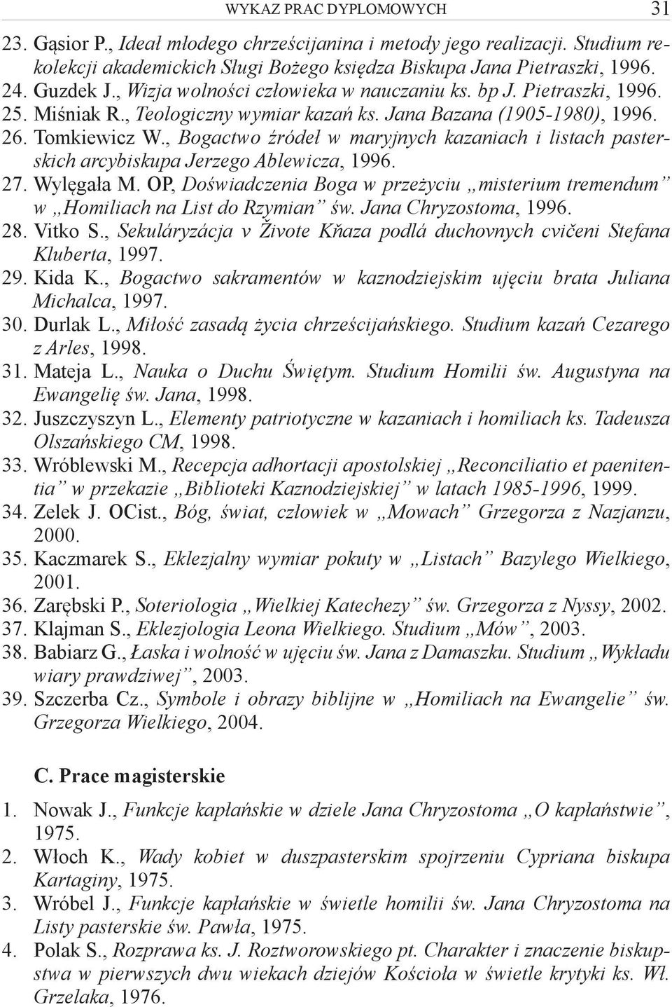 , Bogactwo źródeł w maryjnych kazaniach i listach pasterskich arcybiskupa Jerzego Ablewicza, 1996. 27. Wylęgała M.