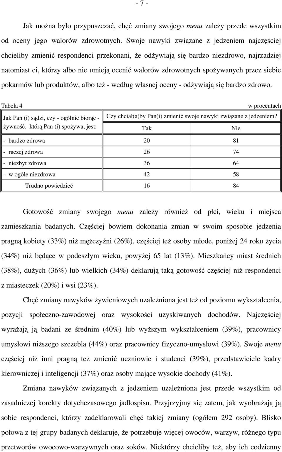 spożywanych przez siebie pokarmów lub produktów, albo też - według własnej oceny - odżywiają się bardzo zdrowo.